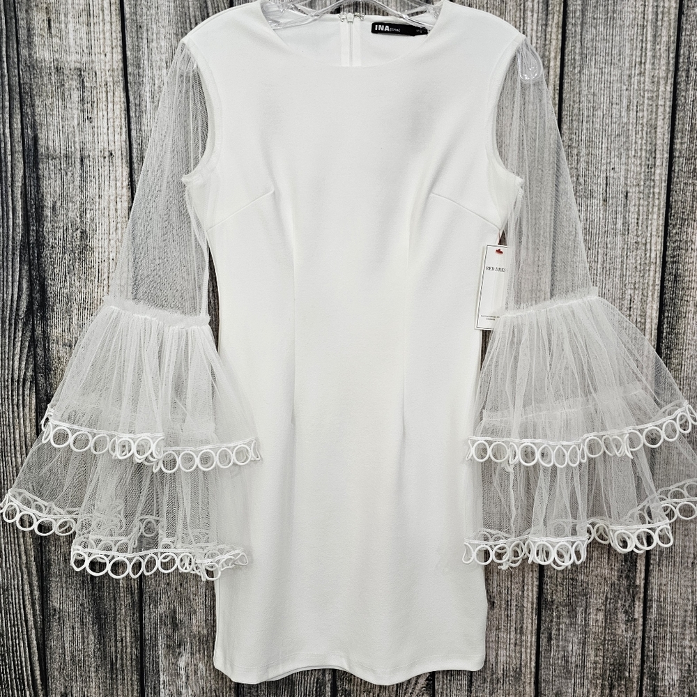 INA White Knit Nwt Mini Sheath Dress with Mesh Tiered Bell Sleeves - Picture 17 of 17